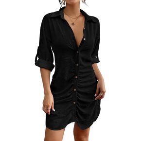 Bsubseach Women's Swimsuit Cover Up Laper Collar Button Down Beach Dress Pleated Hem Shirt Dress Cover Up