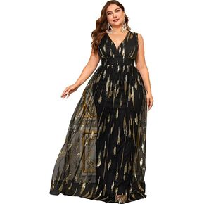 Women's 2024 Formal Dresses Sequin Mesh A-Line V-Neck Maxi Dress Evening Gown Plus Size