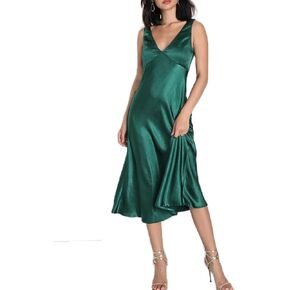 Summer Satin V Neck Backless Midi Dresses for Women 2024 Silky A line Formal Low Back Sleeveless Wedding Guest Long Dress