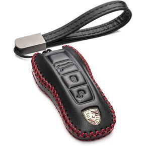 Vitodeco Genuine Leather Smart Key Fob Case Cover Protector with Leather Key Strap Compatible for 2020 - 2024 Porsche Cayenne, Macan, Panamera, 718, 911 (3-Button, Black/Red)