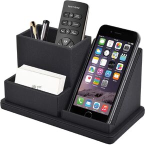 Pu Leather Desk Pen/Pencil Organizer Multi-Function Cell Phone/Remote Control Storage Box with 3 Compartments Office Supplies Sticky Note Tray Business Cards Holder,Black