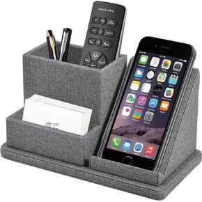 Pu Leather Desk Pen/Pencil Organizer Multi-Function Cell Phone/Remote Control Storage Box with 3 Compartments Office Supplies Sticky Note Tray Business Cards Holder,Black