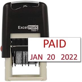 Paid - ExcelMark Self-Inking Rubber Date Stamp - Compact Size (Red Ink)