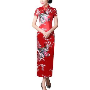 Short Sleeve Chinese Cheongsam Costume Blossom Printed Mandarin Collar Side Split Traditional Qipao Party Dress in Kuwait