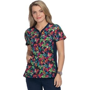 KOI Planet Women's Thea Y-Neck Print Scrub Top-Tropical Climate-X-Small