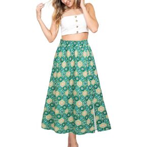 Kate Kasin Women's 2024 Boho Floral Maxi Skirt Elastic High Waisted Casual A Line Slit Long Swing Flowy Skirts with Pockets