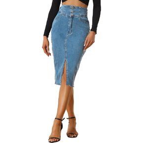Allegra K Casual Denim Skirt for Women's High Waist Split Hem Pencil Jean Midi Skirts