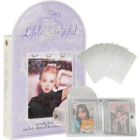 3 inch Mini Photo Album Kpop Photocard Holder Book, 50pcs Holographic Love Heart Kpop Photocard Sleeves, Mini Kpop Photocard Binder for Photo Card Collecting 20 Page 40 Pockets (Pink)