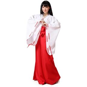 Japanese Anime Kikyo Miko Kimono Cosplay Witch Costume Women's White Kimono Red Hakama Pants Outfit Halloween Costume