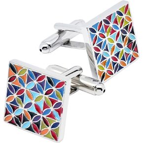 Multicolored Print Enamel Square Cufflinks for Men Dress In Gift Case Colorful Patterns Men's Cufflinks Set for Wedding Party Birthday Anniversary Dress