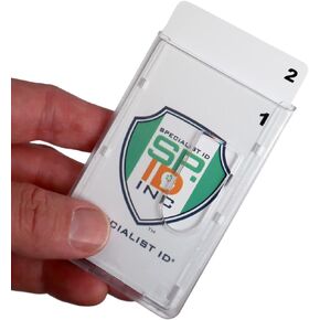Heavy Duty Dual Sided Badge Holder - HOLDS 2 CARDS - Polycarbonate Vertical - Durable Rigid Clear Hard Plastic Badges - Secure Top Load Sleeve Card Protector Case by Specialist ID, Sold Individually