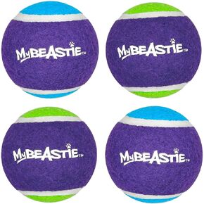 SQUEAK'N Dog Fetch Squeaker Tennis Ball, Soft on Teeth, All Breeds Medium - 4 Pack. It’s Compatible with Most Ball launchers