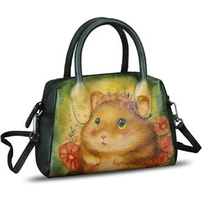 Genuine Leather Handbag for Women Hand Painted Top Handle Purse Retro Handmade Satchel Vintage Crossbody Hobo Bag
