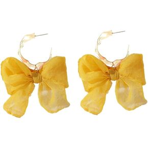Big Bow Earrings Bow C Shaped Half Hoop Earrings White Pink Yellow Fabric Bowknot Tie Ribbon Earrings for Women Girls Birthday Jewelry Gift