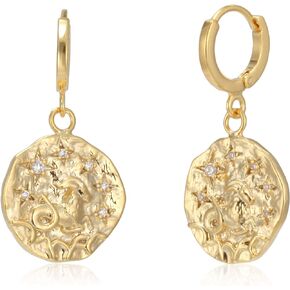 Constellation Zodiac Huggie Hoop Earrings for Women Girls 18K Gold Plated Astrology CZ Coin Gift