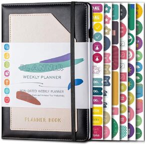 GuaziV Planner 2024-2025, Undated Planner 2024-2025 Daily Weekly and Monthly, Personal Day Task & Work Organizer, A5 Planner Start Any Time + 6 Stickers (Dark black)