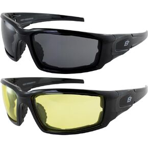 Birdz 2 Pairs of Eyewear Osprey Foam Padded Safety Motorcycle Sunglasses Black Frames with Smoke & Yellow Lenses