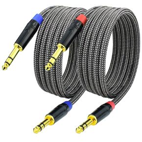1/4 Inch TRS to TRS Balanced Patch Cable, 15feet 6.35mm Quarter Inch Stereo Audio Cable Cord for Speaker Studio Monitor, Gold Plated Connector, Nylon Braided Heavy Duty, 2Pack