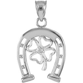 Fine 925 Sterling Silver Lucky Horseshoe with Irish 4-Leaf Clover CZ Pendant