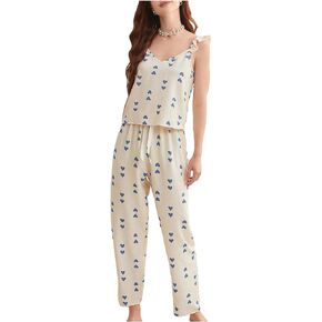 Verdusa Women's 2 Piece Ruffle Trim Button Front Cami Top Pants Pajama Lounge Set