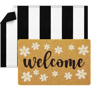 Honoson 2 Pcs Welcome Doormat Daisy Doormat Funny Summer Doormat Black and White Stripe Doormat Front Door Decoration with Non-slip Backing Rug for Housewarming Gift Home Kitchen Indoor Outdoor