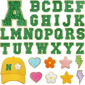 MEEZY 34Pcs A-Z Chenille Letters, Glitter Self-Adhesive Iron on Letters Chenille Patches with Colorful Cute Chenille Embroidered Patches for Clothing Jackets Hat (Green)