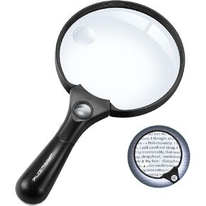 JARLINK Large Magnifying Glass with Light, 10X 20X 45X Illuminated Handheld Magnifier with 3 LED Lights for Seniors Reading, Inspection Coins Jewelry, Exploring, Black