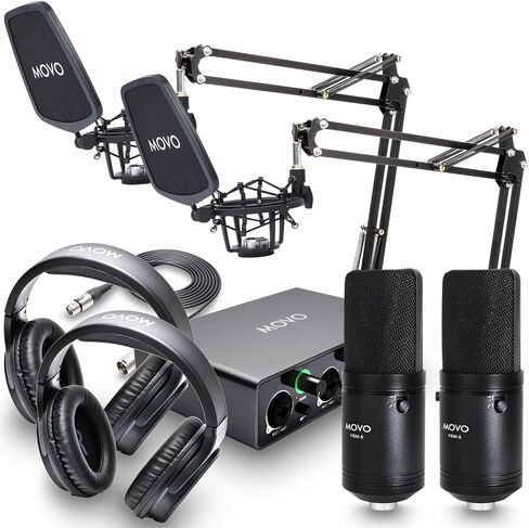 طقم ميكروفون مكثف احترافي من Movo مكون من قطعتين VSM-5 مع واجهة صوت MDX-1 2x2 مع حامل ذراع ميكروفون وسماعات رأس استوديو - مجموعة معدات البودكاست لليوتيوب والبودكاست والبث in Saudi Arabia