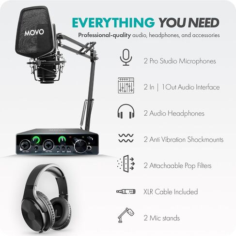 طقم ميكروفون مكثف احترافي من Movo مكون من قطعتين VSM-5 مع واجهة صوت MDX-1 2x2 مع حامل ذراع ميكروفون وسماعات رأس استوديو - مجموعة معدات البودكاست لليوتيوب والبودكاست والبث in Saudi Arabia