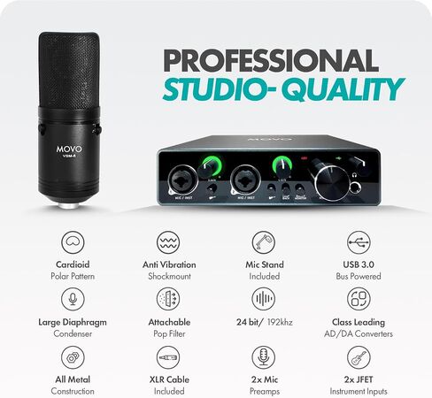 طقم ميكروفون مكثف احترافي من Movo مكون من قطعتين VSM-5 مع واجهة صوت MDX-1 2x2 مع حامل ذراع ميكروفون وسماعات رأس استوديو - مجموعة معدات البودكاست لليوتيوب والبودكاست والبث in Saudi Arabia