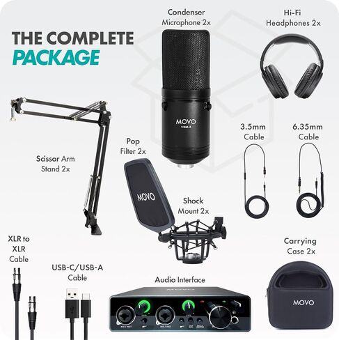 طقم ميكروفون مكثف احترافي من Movo مكون من قطعتين VSM-5 مع واجهة صوت MDX-1 2x2 مع حامل ذراع ميكروفون وسماعات رأس استوديو - مجموعة معدات البودكاست لليوتيوب والبودكاست والبث in Saudi Arabia