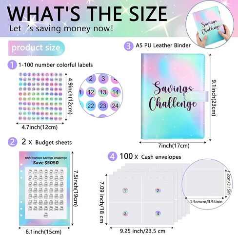 100 Envelope Challenge Binder Save $5, 050 PU Leather A5 Binder 2024 Saving Challenge Binder Budget Book with Cash Envelope Budget Binder Maker Workbook for Budget Plan Money Saving (Colorful) in Saudi Arabia