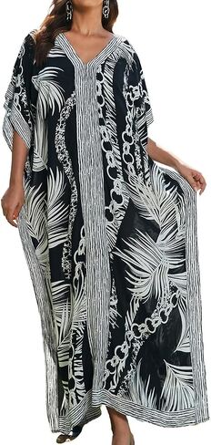Bsubseach Caftans for Women Plus Size Kaftan Dress Long Swimsuit Coverup Short Sleeve Casual Maxi Dress Black White in Saudi Arabia