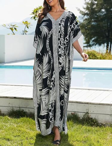 Bsubseach Caftans for Women Plus Size Kaftan Dress Long Swimsuit Coverup Short Sleeve Casual Maxi Dress Black White in Saudi Arabia