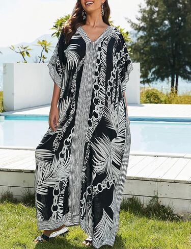 Bsubseach Caftans for Women Plus Size Kaftan Dress Long Swimsuit Coverup Short Sleeve Casual Maxi Dress Black White in Saudi Arabia