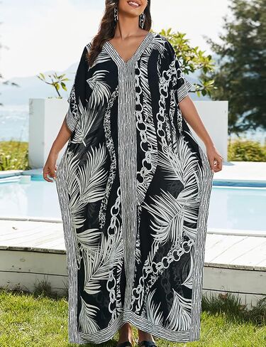 Bsubseach Caftans for Women Plus Size Kaftan Dress Long Swimsuit Coverup Short Sleeve Casual Maxi Dress Black White in Saudi Arabia