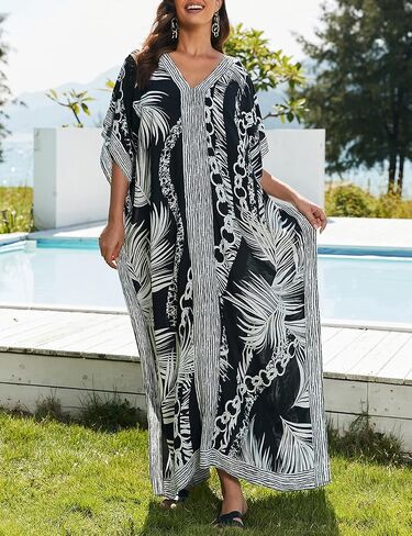 Bsubseach Caftans for Women Plus Size Kaftan Dress Long Swimsuit Coverup Short Sleeve Casual Maxi Dress Black White in Saudi Arabia