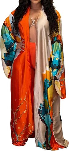 Womens Floral Satin Swimwear Maxi Long Kimono Robe Coverups Cover Ups in Saudi Arabia