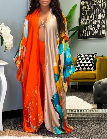 Womens Floral Satin Swimwear Maxi Long Kimono Robe Coverups Cover Ups in Saudi Arabia
