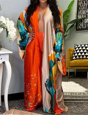 Womens Floral Satin Swimwear Maxi Long Kimono Robe Coverups Cover Ups in Saudi Arabia