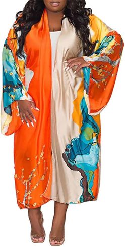 Womens Floral Satin Swimwear Maxi Long Kimono Robe Coverups Cover Ups in Saudi Arabia