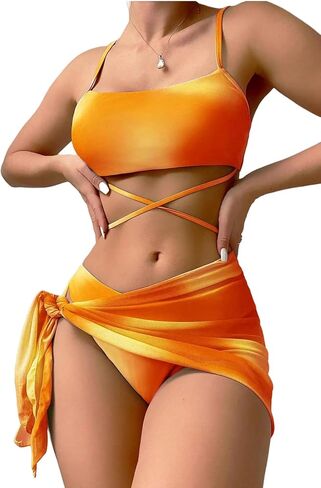 Women 3 Piece Swimsuits Bathing Suits Tie Dye Self Tie High Waisted Bikini with Coverup Beach Skirt Sarong in Saudi Arabia