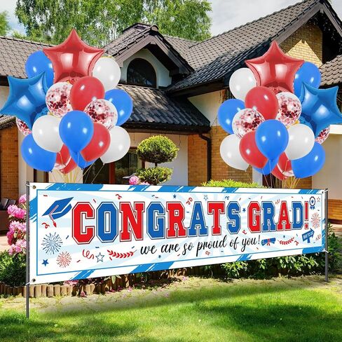 45pcs Graduation Banner 2024, Congrats Grad Banner with Gaduation Balloons, Graduation Banner Class of 2024 Decorations, Grad Outdoor Decorations, College Graduation Party Supplies, Red&White&Blue in Saudi Arabia