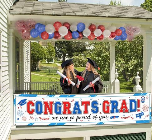 45pcs Graduation Banner 2024, Congrats Grad Banner with Gaduation Balloons, Graduation Banner Class of 2024 Decorations, Grad Outdoor Decorations, College Graduation Party Supplies, Red&White&Blue in Saudi Arabia