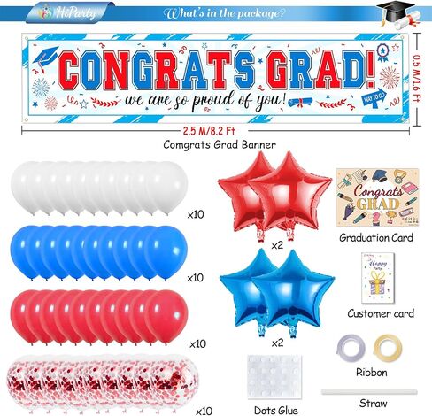 45pcs Graduation Banner 2024, Congrats Grad Banner with Gaduation Balloons, Graduation Banner Class of 2024 Decorations, Grad Outdoor Decorations, College Graduation Party Supplies, Red&White&Blue in Saudi Arabia