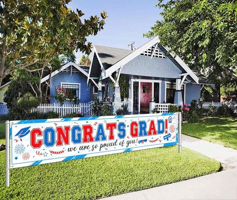 45pcs Graduation Banner 2024, Congrats Grad Banner with Gaduation Balloons, Graduation Banner Class of 2024 Decorations, Grad Outdoor Decorations, College Graduation Party Supplies, Red&White&Blue in Saudi Arabia