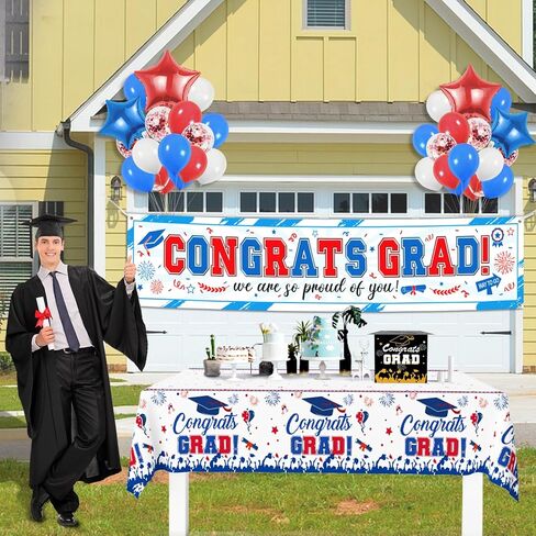 45pcs Graduation Banner 2024, Congrats Grad Banner with Gaduation Balloons, Graduation Banner Class of 2024 Decorations, Grad Outdoor Decorations, College Graduation Party Supplies, Red&White&Blue in Saudi Arabia