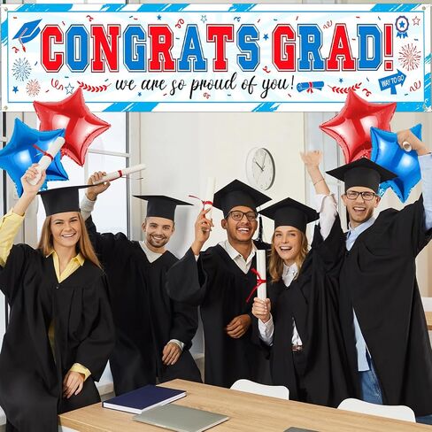 45pcs Graduation Banner 2024, Congrats Grad Banner with Gaduation Balloons, Graduation Banner Class of 2024 Decorations, Grad Outdoor Decorations, College Graduation Party Supplies, Red&White&Blue in Saudi Arabia
