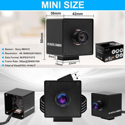 ELP 4K USB Camera with Microphone for Computer and Raspberr pi Mini UVC USB2.0 Webcam IMX415 USB with Camera 2160P Audio Video Lightburn Camera PC Laptop USB Camera (100degree no Distortion Lens) in Saudi Arabia