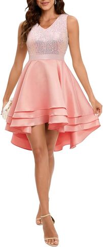 Meetjen Women's Cocktail Dress Short Sequin Satin Hi-Lo V Neck A-line Swing Prom Formal Dress in Saudi Arabia